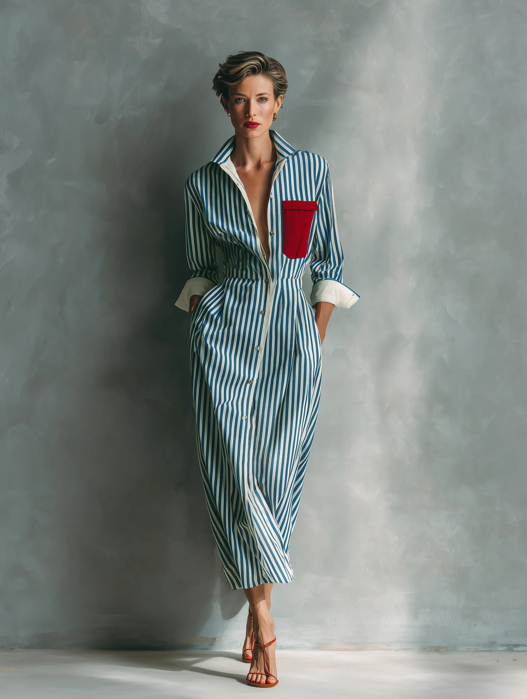 Women's Summer Casual Striped Chest-Pocket Shirt Dress