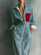 Women's Summer Casual Striped Chest-Pocket Shirt Dress