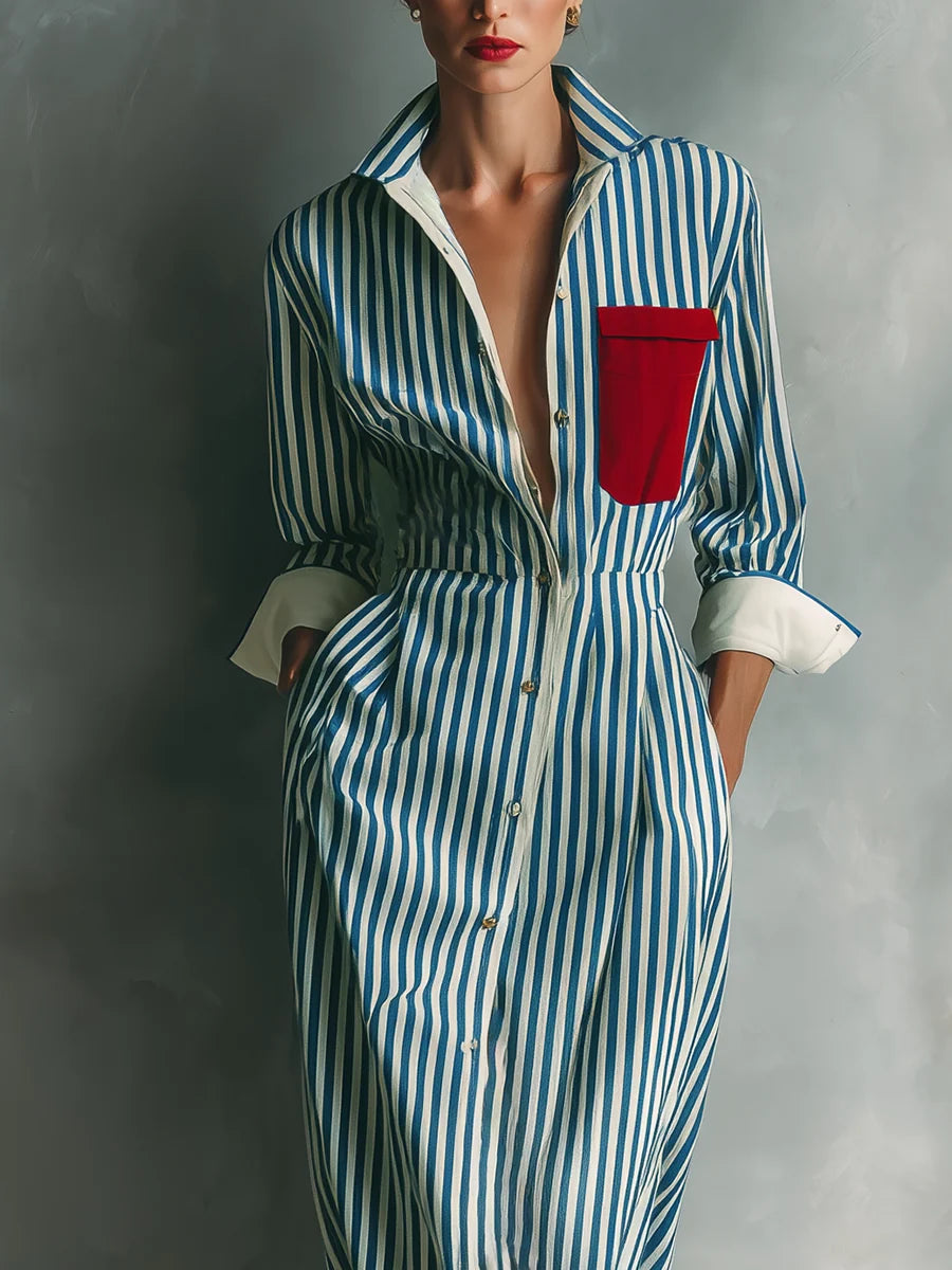 Women's Summer Casual Striped Chest-Pocket Shirt Dress