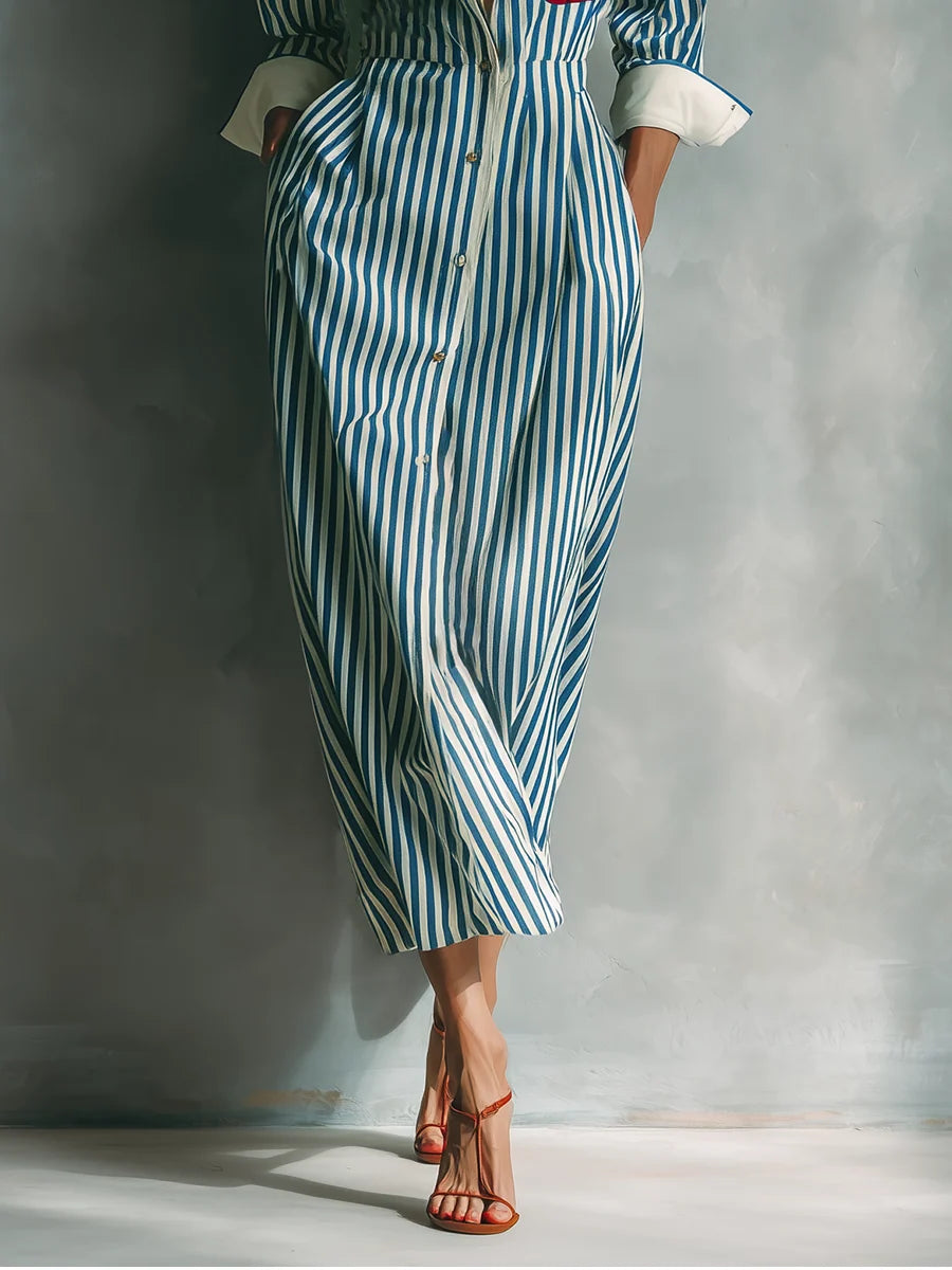Women's Summer Casual Striped Chest-Pocket Shirt Dress