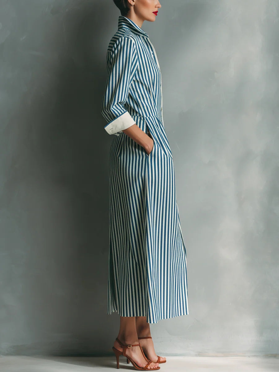 Women's Summer Casual Striped Chest-Pocket Shirt Dress