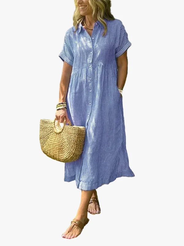 Women's Summer Casual Striped Collared Midi Dress