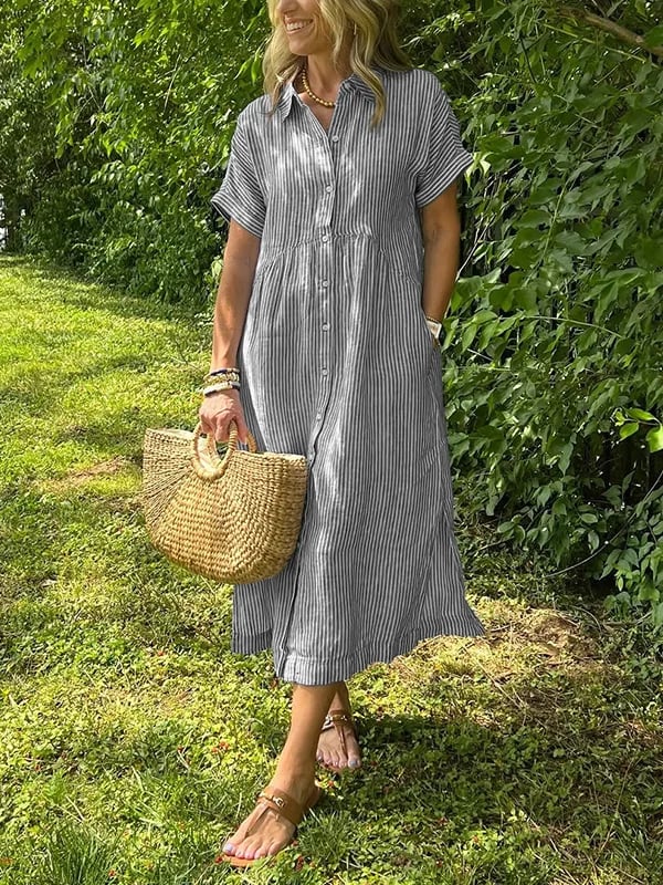 Women's Summer Casual Striped Collared Midi Dress