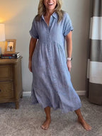 Women's Summer Casual Striped Collared Midi Dress