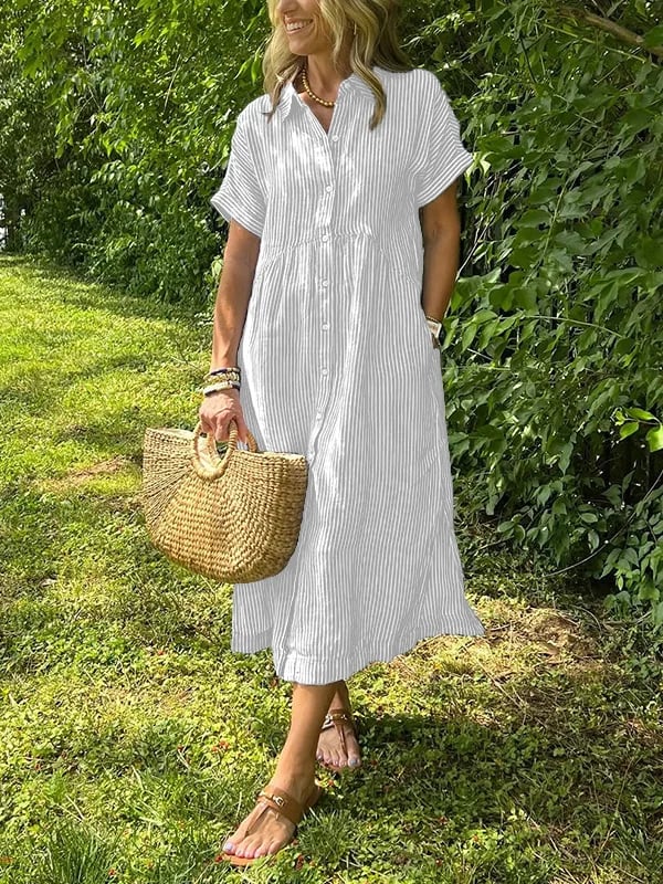 Women's Summer Casual Striped Collared Midi Dress