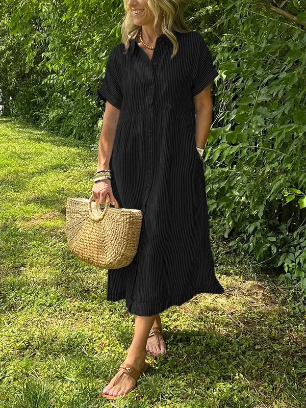 Women's Summer Casual Striped Collared Midi Dress