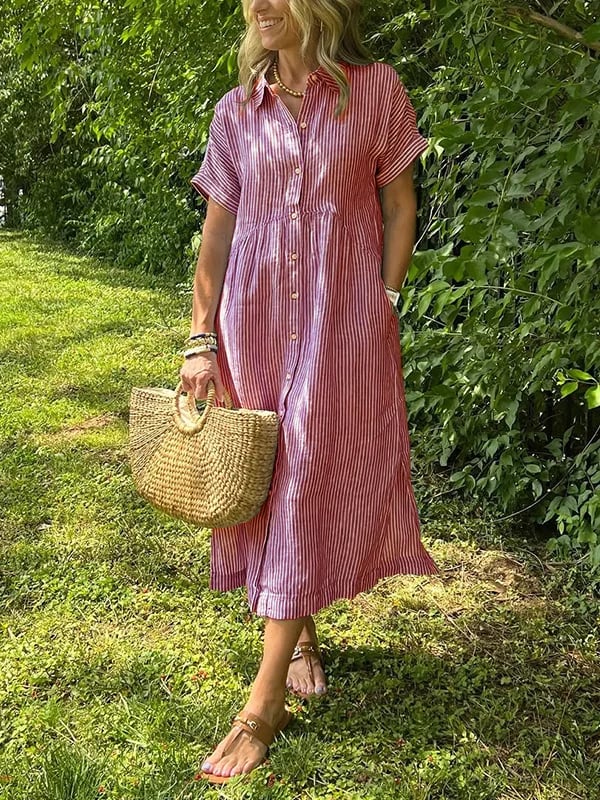 Women's Summer Casual Striped Collared Midi Dress