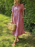 Women's Summer Casual Striped Collared Midi Dress