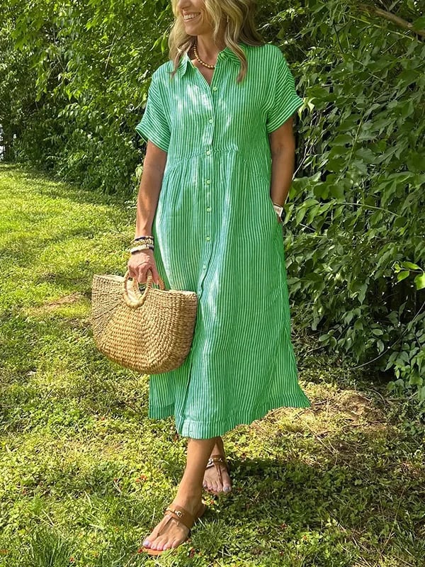 Women's Summer Casual Striped Collared Midi Dress
