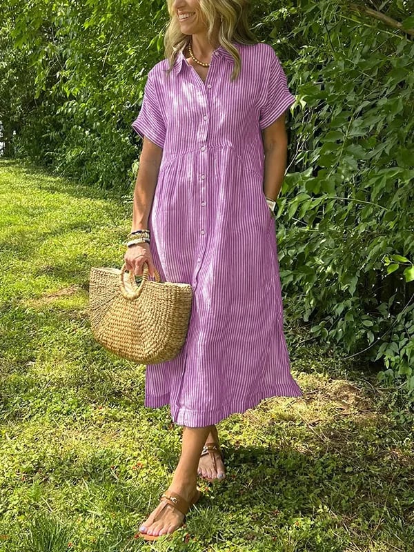 Women's Summer Casual Striped Collared Midi Dress