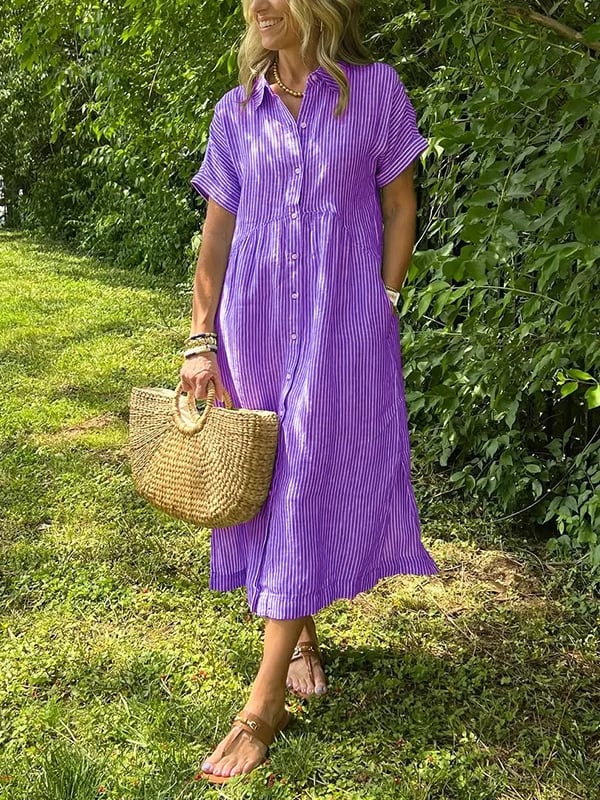 Women's Summer Casual Striped Collared Midi Dress