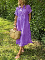 Women's Summer Casual Striped Collared Midi Dress
