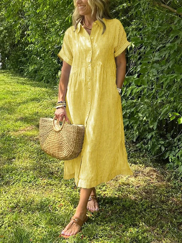 Women's Summer Casual Striped Collared Midi Dress