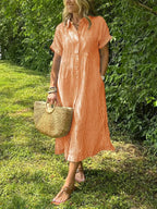Women's Summer Casual Striped Collared Midi Dress