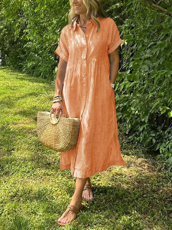 Women's Summer Casual Striped Collared Midi Dress