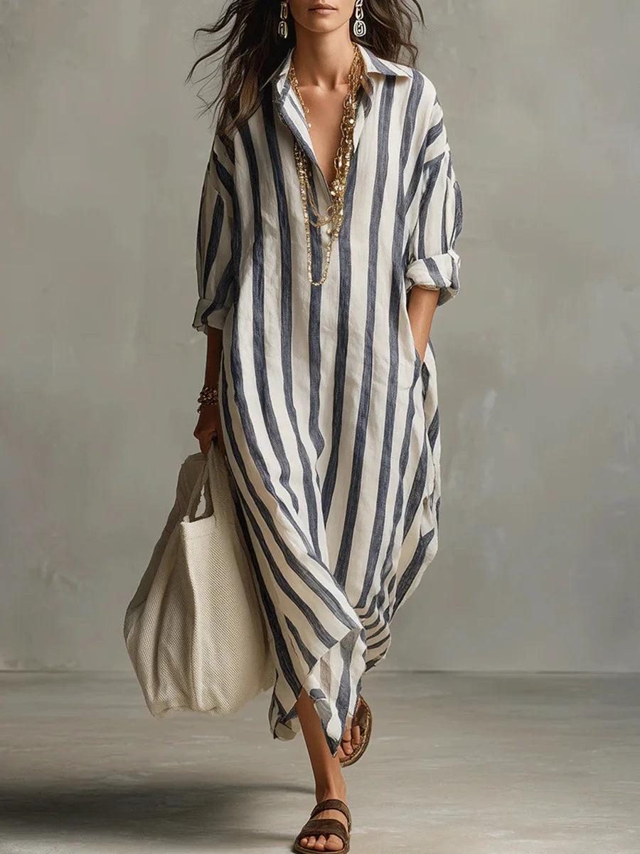 Women's Summer Casual Striped Maxi Shirt Dress