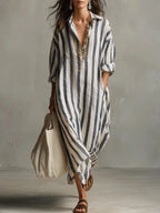 Women's Summer Casual Striped Maxi Shirt Dress