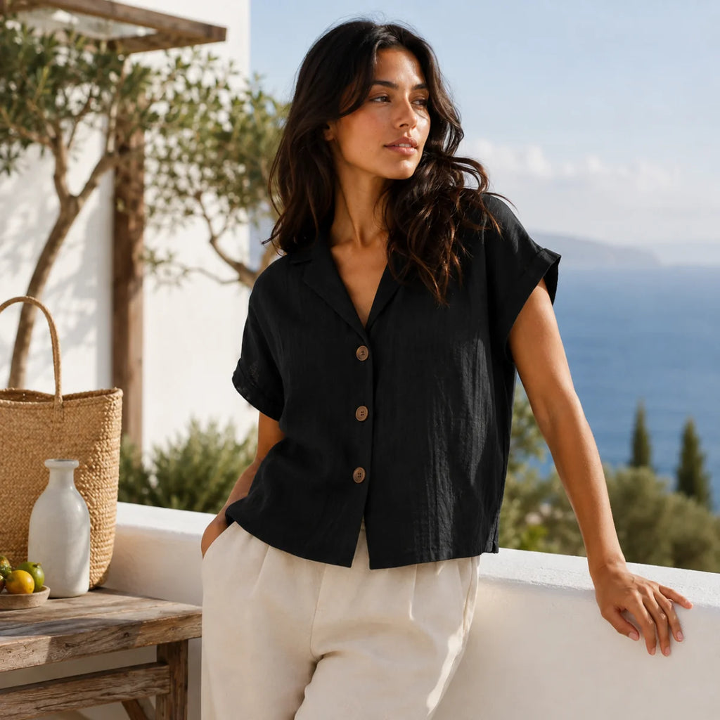 Women's Summer Linen Blend Button-Front Top