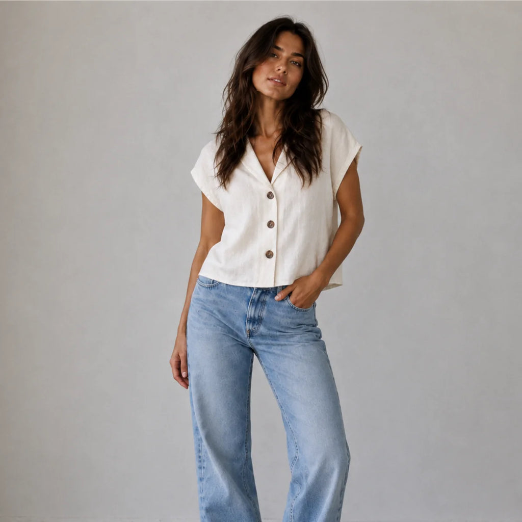 Women's Summer Linen Blend Button-Front Top
