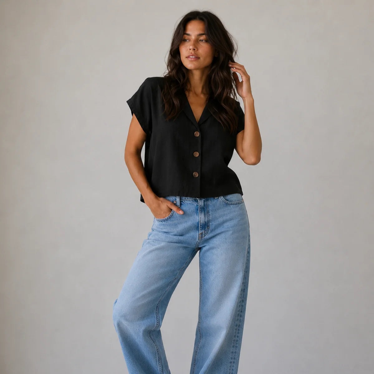 Women's Summer Linen Blend Button-Front Top