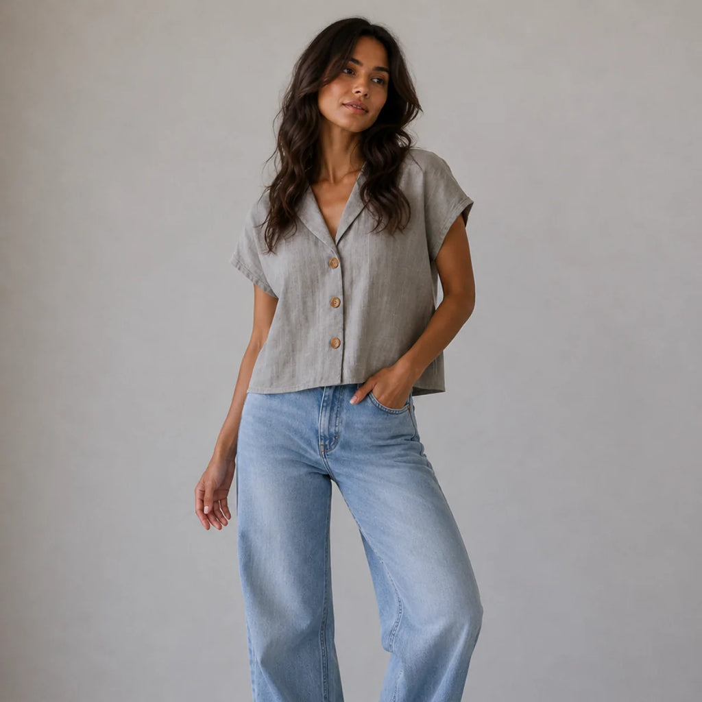 Women's Summer Linen Blend Button-Front Top
