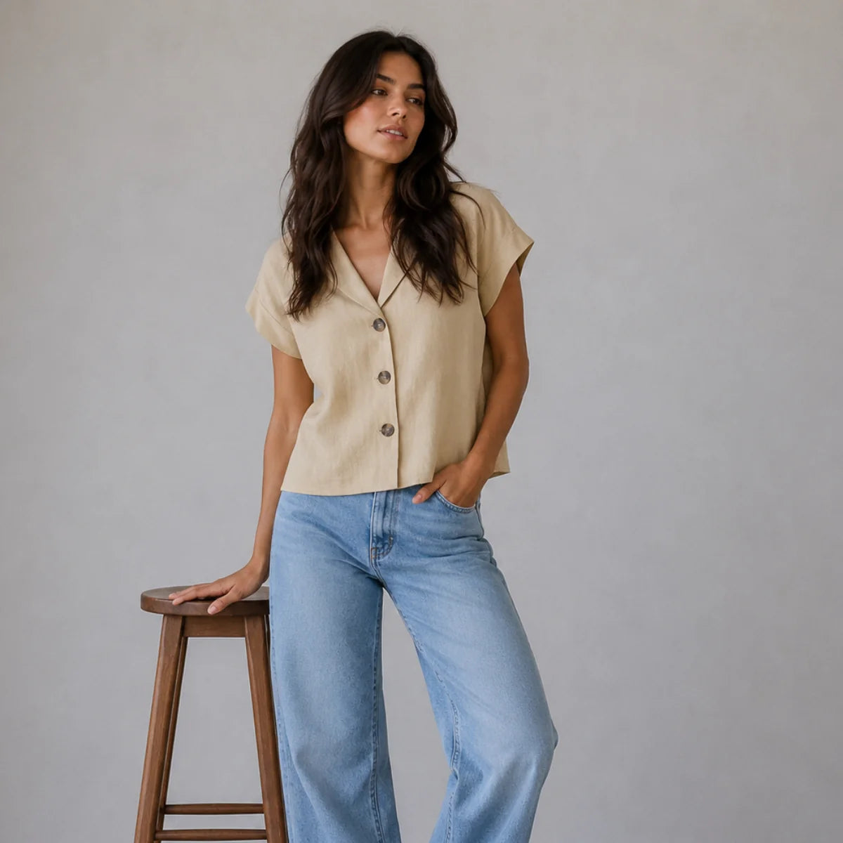 Women's Summer Linen Blend Button-Front Top