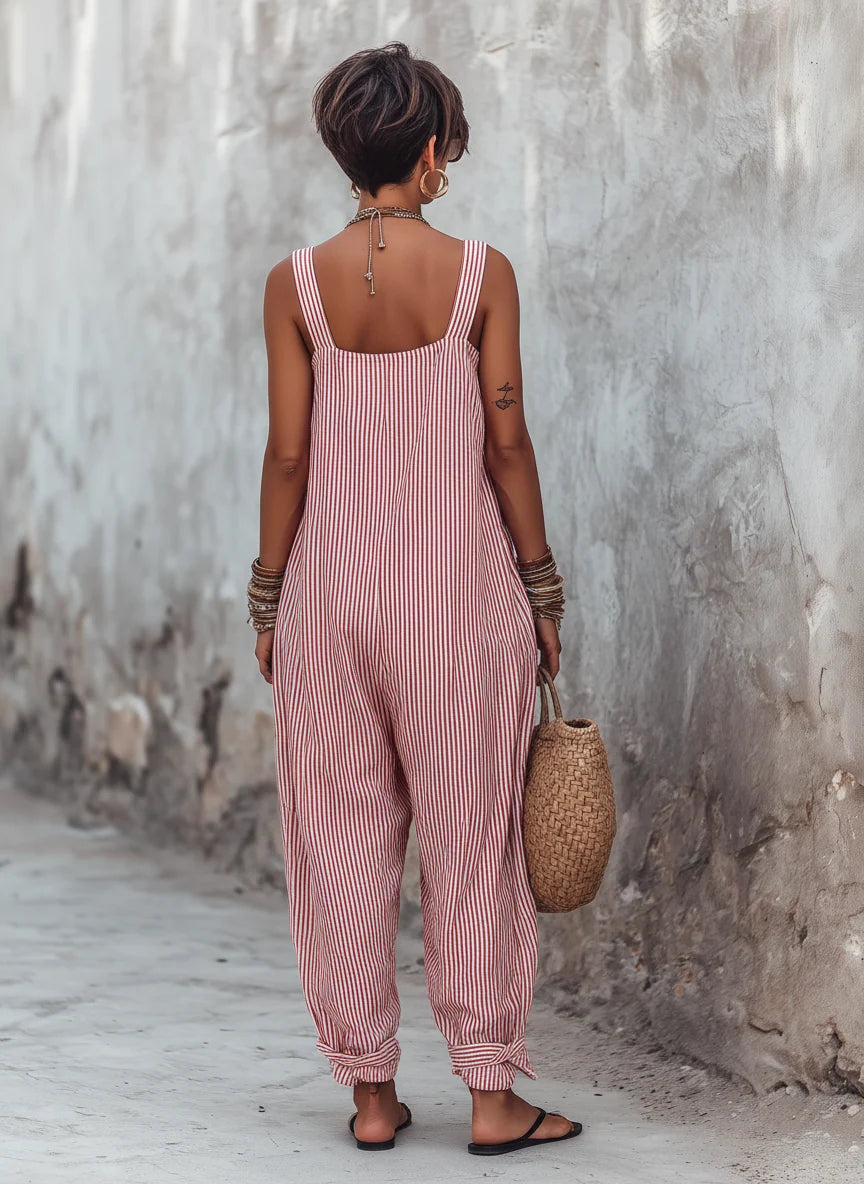 Women's Summer Striped Square-Neck Sleeveless Jumpsuit