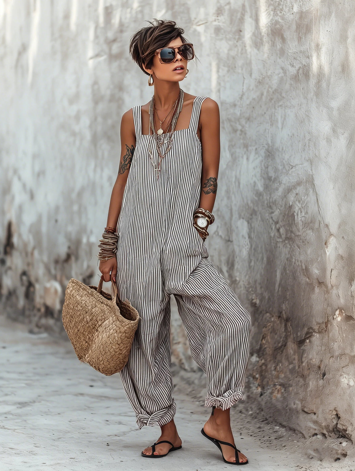 Women's Summer Striped Square-Neck Sleeveless Jumpsuit