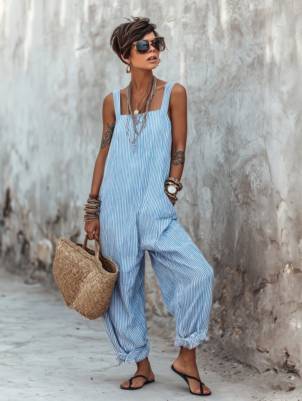 Women's Summer Striped Square-Neck Sleeveless Jumpsuit