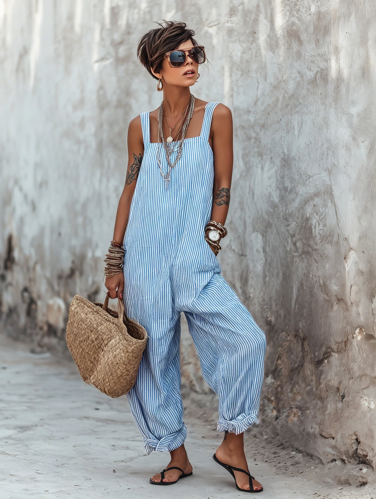 Women's Summer Striped Square-Neck Sleeveless Jumpsuit
