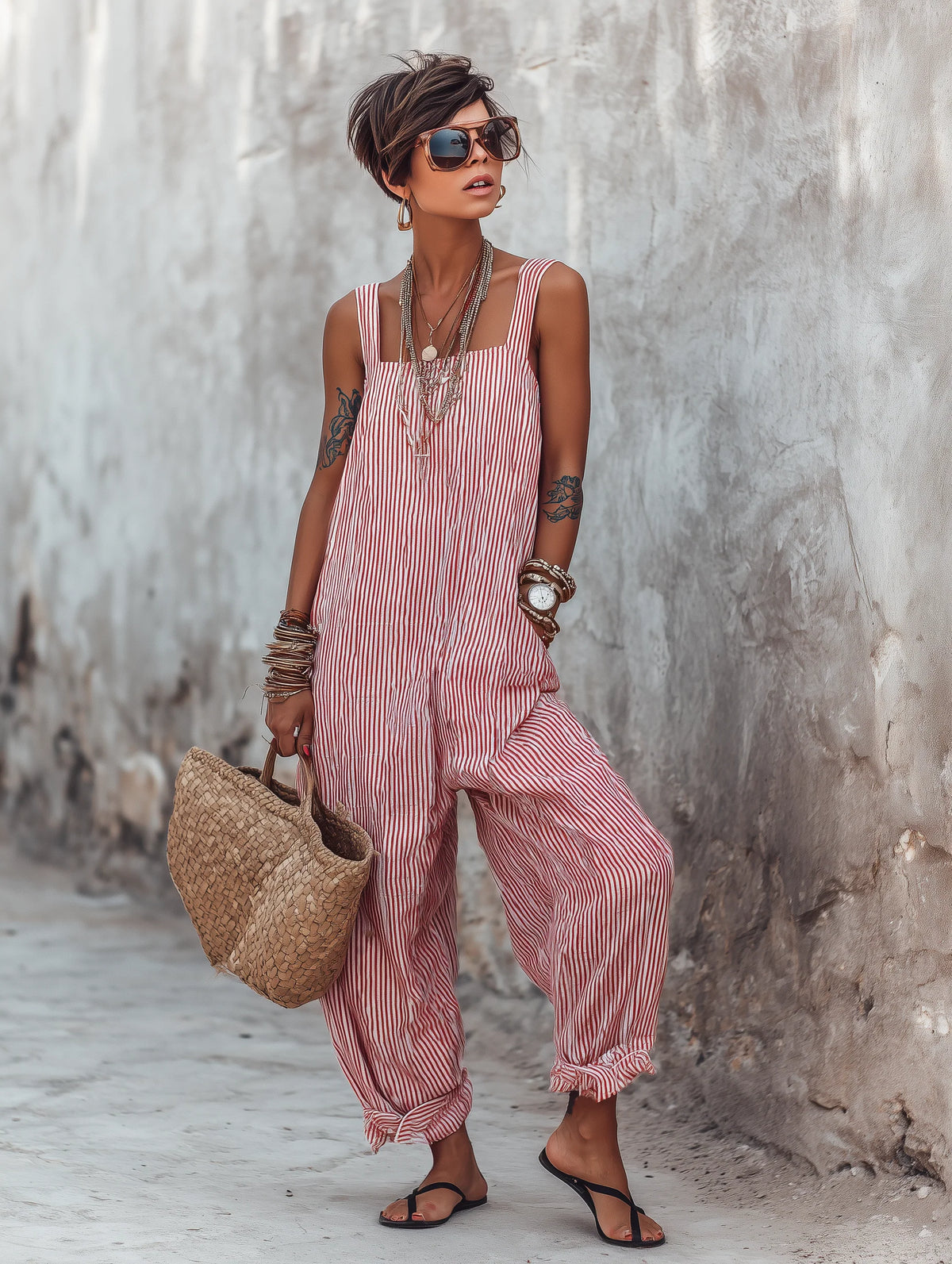 Women's Summer Striped Square-Neck Sleeveless Jumpsuit