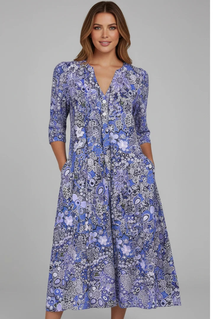 Women's V-Neck Three-Quarter Sleeve Midi Dress