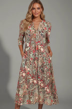 Women's V-Neck Three-Quarter Sleeve Midi Dress