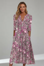 Women's V-Neck Three-Quarter Sleeve Midi Dress