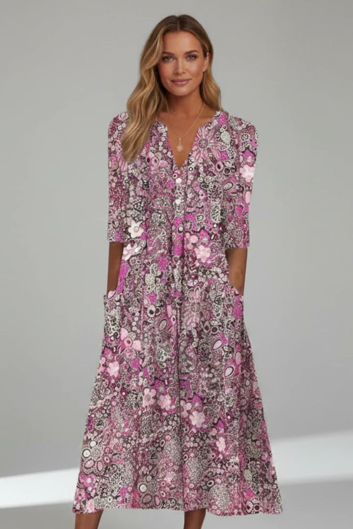 Women's V-Neck Three-Quarter Sleeve Midi Dress