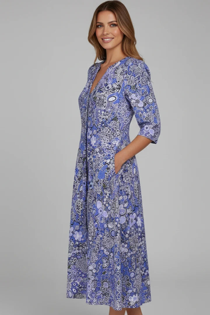Women's V-Neck Three-Quarter Sleeve Midi Dress