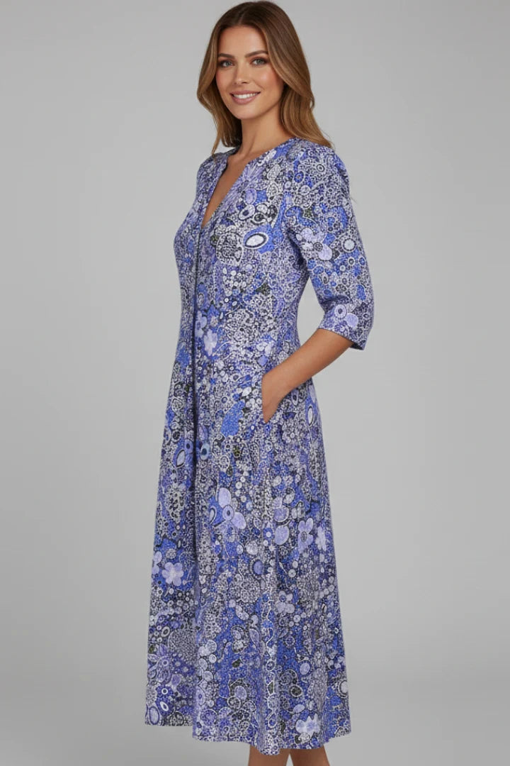 Women's V-Neck Three-Quarter Sleeve Midi Dress
